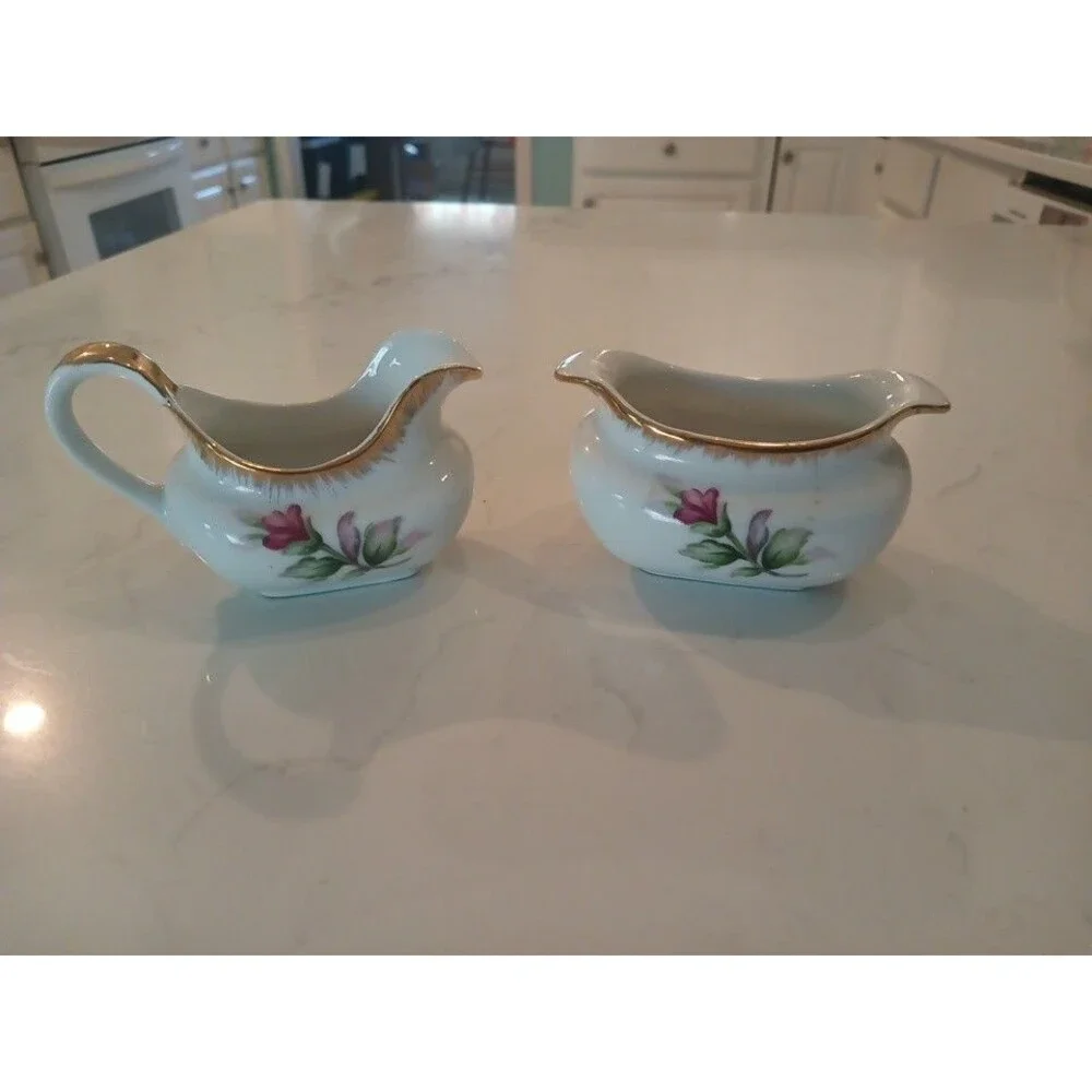 Vintage Lefton China Sugar Bowl & Creamer Hand Painted Gold Trim Tea Rose